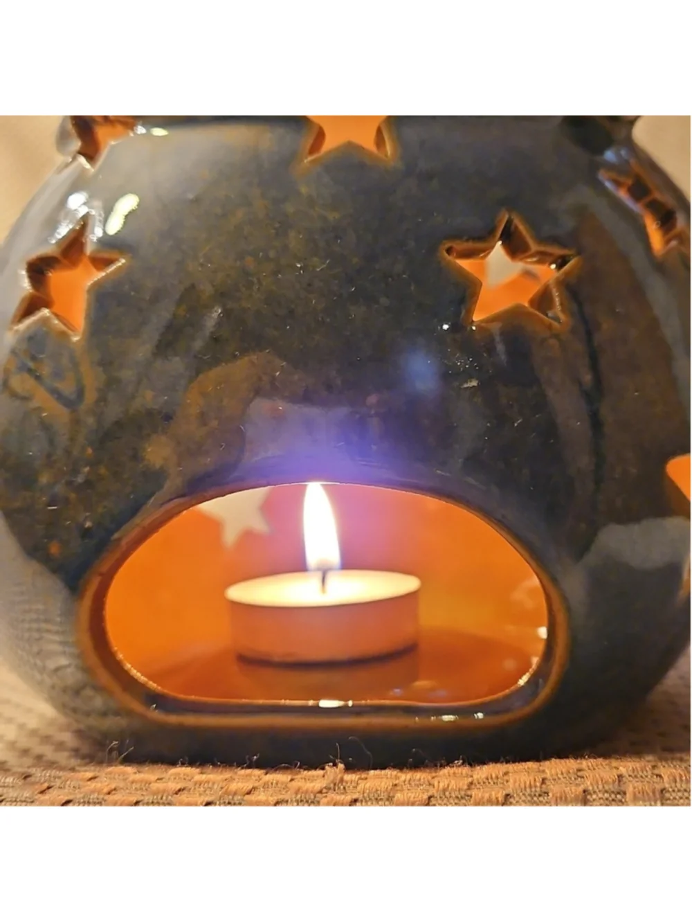Blue and Brown Snowman Stoneware Handpainted Lantern Tealight Holder Stars
